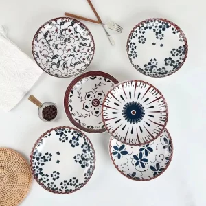 Japanese Style Ceramic Dinner Plate Set Traditional Indigo Floral Pattern Porcelain Salad Plate for Restaurant Home Tableware