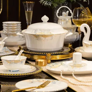 Jingdezhen Ceramic Tableware Set Light Home Use Bowl Plate Chopsticks Combination for Festivals and Special Occasions