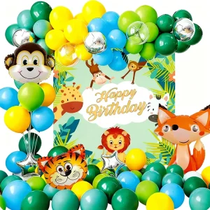 Jungle Animal Theme Happy Birthday Background Banner Poster Latex Balloon Arch Kit for Kids’ Birthday Party Decorations Balloon