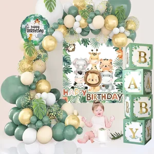 Jungle Animal Theme Happy Birthday Poster Indoor Decor Backdrop Round Latex Balloon Arch Set for Kids’ Birthday Party Decoration