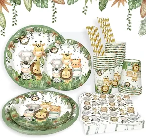 Jungle Animal Themed Disposable Birthday Party Tableware Set Paper Cups Paper Plates Paper Napkin Straw Serves 25