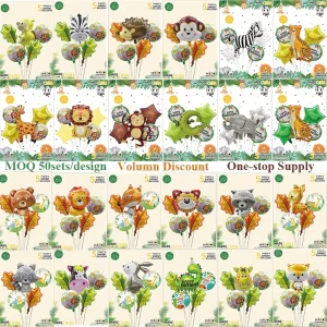 Jungle Theme Animal Shape Foil Balloons Set Wild Animal Series 5 Piece Kit for Kids Birthday Party Decoration