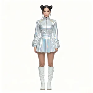 K POP Stage Outfit Unicorn Dress Womens Long Sleeve Zip Up Top Shiny Iridescent Rave Concert Costume Polyester Rayon