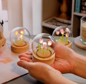 Kanglong Mini Crystal Ball Tulip LED Artificial Tulip Flower Night Light DIY Kit Glass Dome Small Night Light