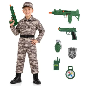 Kids Adventure Costume Set Tactical Style Role Play Outfit with Toy Gun Accessories Walkie Talkie Compass for Halloween Party