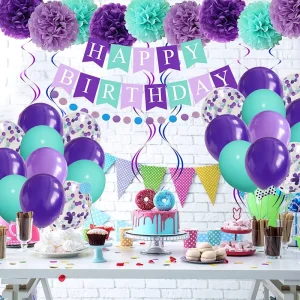Kids Birthday Party Supplies Mermaid Theme Purple Blue Paper Hanging Decor Honeycomb Banner Balloons Party Decoration Set