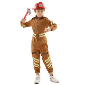Kids Brown Firefighter Costume Unisex Fireman Outfit Halloween Comfortable Polyester Material Jumpsuits Rompers Pretend Costume