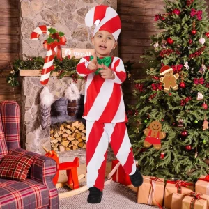 Kids Candy Cane Christmas Costume 3-Pc Set Striped Long Sleeve Top Pants and Hat Outfit Festive Holiday Cosplay Party Apparel