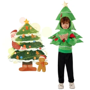 Kids Christmas Tree Costume Set, Holiday Cosplay Outfit with Headpiece for Boys and Girls