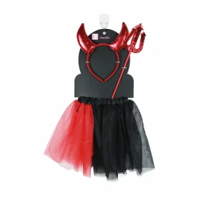Kids Devil Costume Set with Horn Headband Red and Black Tutu Skirt and Pitchfork Wand