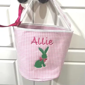 Kids Easter Bunny Basket Bags Plaid Rabbit Pattern Egg Hunt Personalized Pink Embroider Bunny Easter Egg Basket
