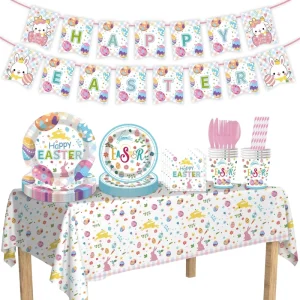 Kids’ Easter Bunny Party Tableware Decor Set Colorful Plates Cups Banner Tablecloth for Easter Egg Hunts Family Gatherings