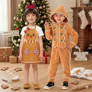 Kids Gingerbread Man Costume Christmas Apron Dress & Fleece Jumpsuit for Boys Girls Xmas Baking Party & Holiday Dress up