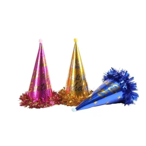 Kids Happy Birthday Cone Party Hats With Pom Pom Tassel Shiny Photo Booth Props Birthday Party Decorations Supplies