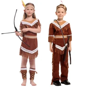 Kids Indian Princess Huntress Children Brown Fringed Boy Girls Indian Costume