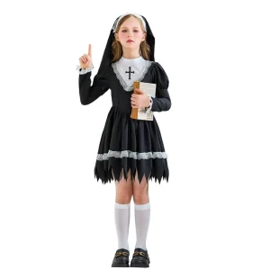 Kids Nun Costume For Girls Black White Lace Trimmed Cross Dress Children Halloween Carnival Performance Outfit