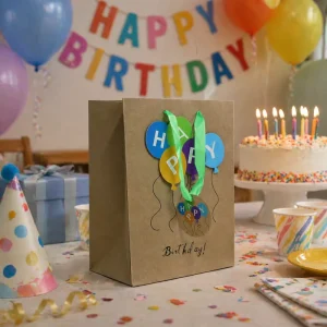 Kids Party Supplies Premium Kraft Paper Party Favor Bag with Ribbon Handles 3D Balloon Design Birthday Paper Goodie Bags