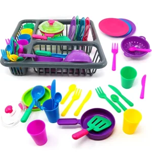 Kids Plastic Pretend Play Kitchen Tableware Set with Storage Basket Creative Cookware Combo Educational Toy for Boys Girls