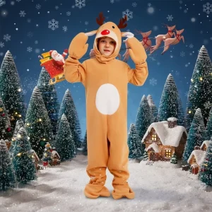 Kids Snowflake Reindeer Costume Cozy Hooded Jumpsuit with Mitts for Christmas Holiday Parties Role Play & Winter Fun