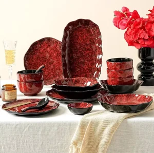 Kiln Change Red Black Scalloped Ceramic Dinnerware Set Bowls Fish Tray Spoons Home Wedding Restaurant Luxury Tableware Gift Set