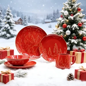 Kiln Glazed 16 Piece Stoneware Christmas Dinnerware Dinner Plates Salad Plate Soup Plate Bowls Reactive Dish Restaurant