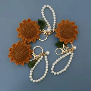 Knitted Handmade Crochet Flower Sunflower Keychain with Pearl Handle Decorative Objects