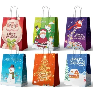 Kraft Gift Bags Medium Christmas Paper Bags with Handles Six Holiday Designs for Presents and Party Favors
