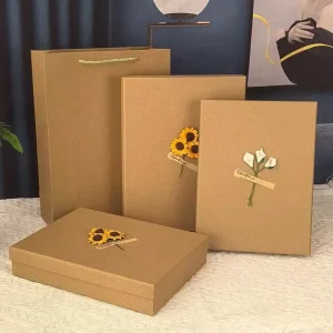 Kraft Paper Gift Box and Bag Set With Sunflower Decoration for Holiday and Birthday Gift Packaging