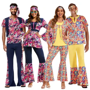 L 70s 80s Retro Hippie Costume Colorful Printed Flare Pants Set Festival Party Rave Dance Performance Outfit Ready to Ship Bulk