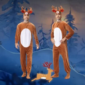 L Comfortable Halloween Reindeer Jumpsuit Costume Animal Cosplay Outfit Unisex Couple Clothing Christmas Carnival Party Costume