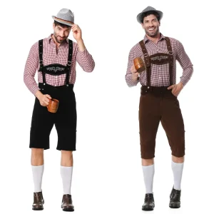 L Oktoberfest Attire Men’s Three Piece Beer Costume Set Top Hat Overalls Halloween Carnival Party Cosplay Costume Fleece Overall