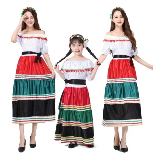 L Women Girls Mexican Fiesta Costume Off Shoulder Dress Cinco De Mayo Folklorico Dance Carnival Halloween Party Stage Outfit