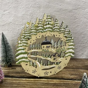 激光切割自然色圣诞雪村装饰品带 LED 灯 20X4X20.5 厘米悬挂装饰品