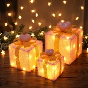 LED 3 Lighted Gift Boxes Warm White LED Bows Battery Operated for Indoor Christmas Tree Yard Home Decor