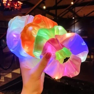 LED Bright Flashing Soft Romance Theme HairBand Party Hair Ties Ponytail Light Illuminate Glow Rainbow Silk Satin Scrunchies
