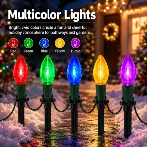 LED Christmas Pathway Lights Plastic Waterproof Connectable Multicolor Bulbs Solar Battery Powered for Driveway Yard