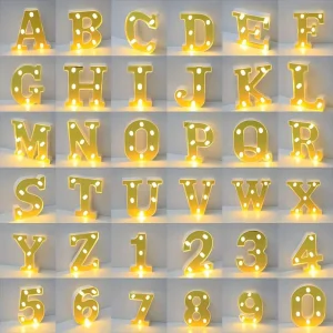 LED Gold Glowing Decorative Lights 26 Letter Lights 0-9 Number Lights for Wedding Party Birthday Festive Lights Party Lights