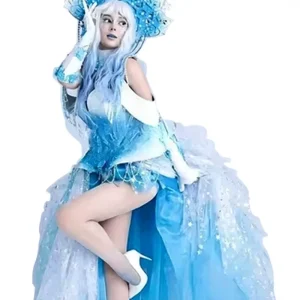 LED Ice Queen Costume with Light-Up Wings & Crown Blue Fairy Princess Dress for Halloween Carnival Stage Performance