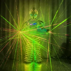 LED Laser Dance Costume Color Changing Glowing Mecha Robot Suit with Laser Helmet LED Gloves Nightclub Performance Party Costume