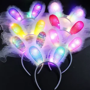 LED Light Flashing Battery Powered Easter Bunny Ears LED Headband Chinese Plush Headband Party Decorations Sequin Material
