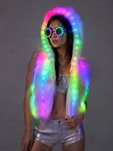 LED Light-Up Faux Fur Hooded Vest for Women Rainbow Color Changing Festival Rave Jacket USB Rechargeable Glowing Fur Waistcoat