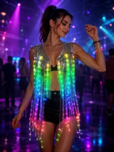 LED Light-Up Fringe Vest with Rainbow Sequins Battery Operated (4x AA) for Festivals, Parties & Stage Costumes