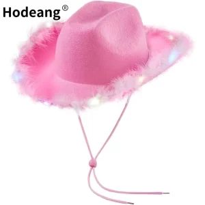 LED Light Women Girls Fluffy Feather Brim Cowboy Hat for Costume Party Festival Club Halloween
