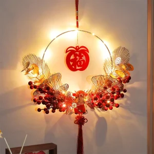 LED Light up Chinese New Year Wreath Fu Pendant Glowing Wall Hanging Ornament Lunar New Year Decorations Wall Hanging