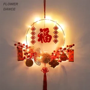LED Light up Chinese New Year Wreath Fu Pendant Glowing Wall Hanging Ornament Lunar New Year Decorations for Spring Festival