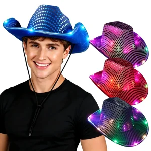 LED Light up Cowboy Hat Halloween Christmas Festival Flashing Sequin Party Hats Cosplay Costume for Carnival Mardi Gras