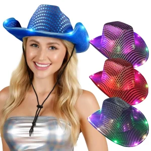 LED Light up Cowboy Hat Halloween Christmas Festival Flashing Sequin Party Hats Cosplay Costume for Carnival Mardi Gras