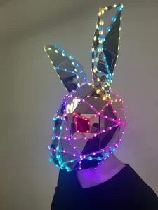 LED Light up Mirror Bunny Helmet Geometric Faceted Glowing Rabbit Mask for Nightclub DJ Stage Performance Halloween Cosplay