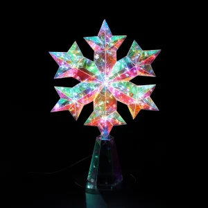 LED Lighted Holographic Iridescent Snowflake Christmas Tree Topper Decor 30 RGB Warm White LEDs USB Powered IP20 Rated Holiday