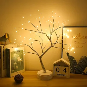 LED Lighted Silver Wire Bonsai Tree Lamp Touch Sensor Dual Power USB Battery Romantic Living Room Ornament Light